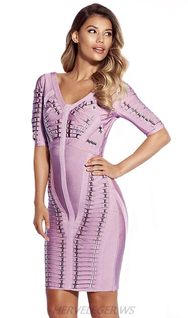 Herve Leger V Neck Lilac Short Sleeve Bucket Dress
