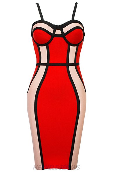 Herve Leger Red Nude Black Trim Colorblock Dress