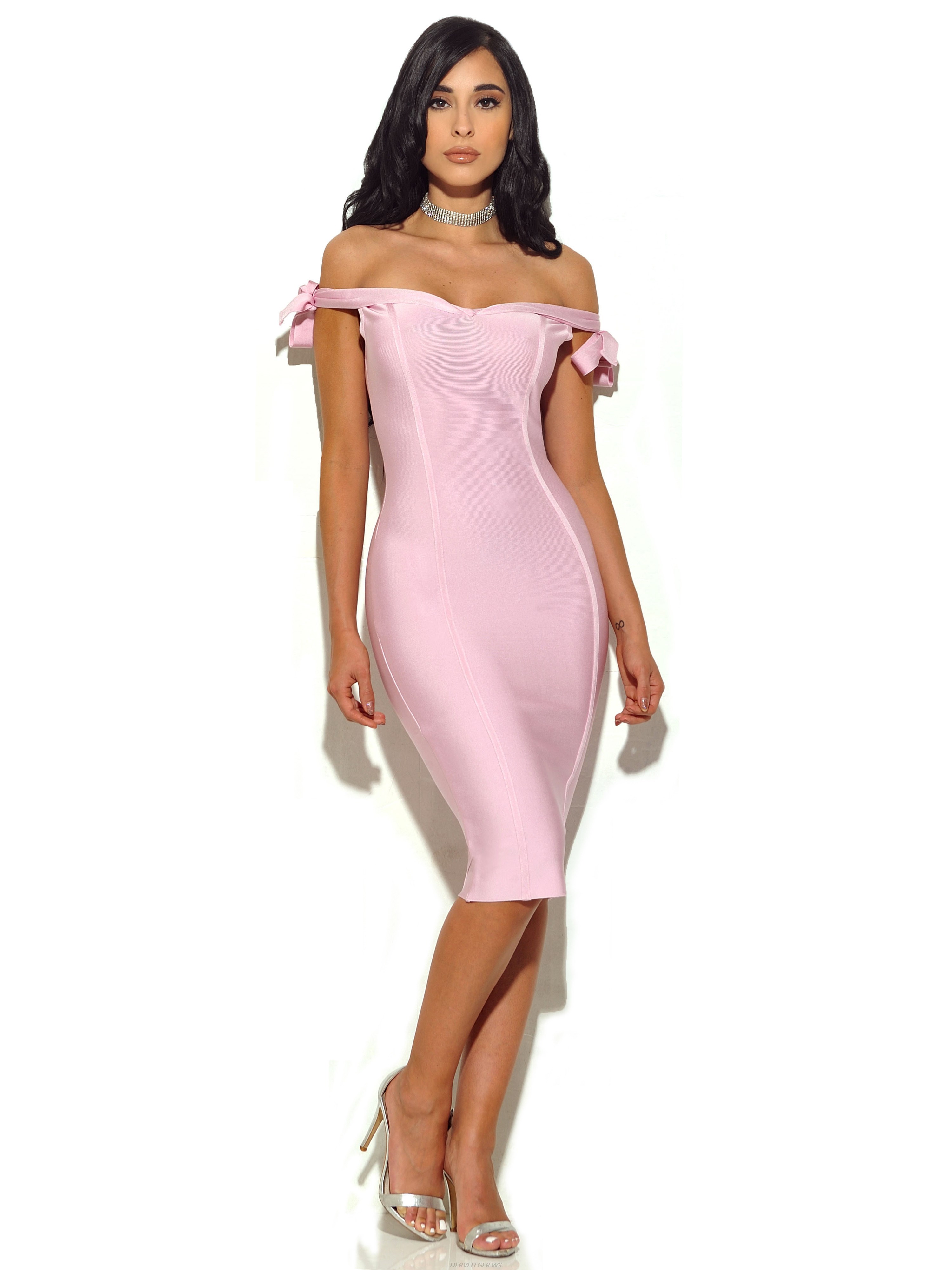 Herve Leger Pink Strapless Off The Shoulder Dress