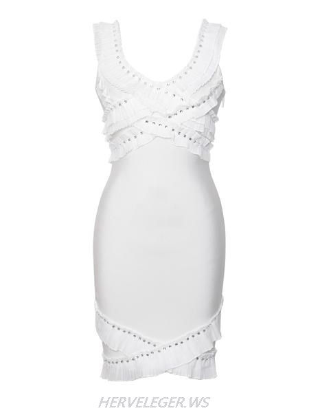 Herve Leger White Ruffle And Stud Dress