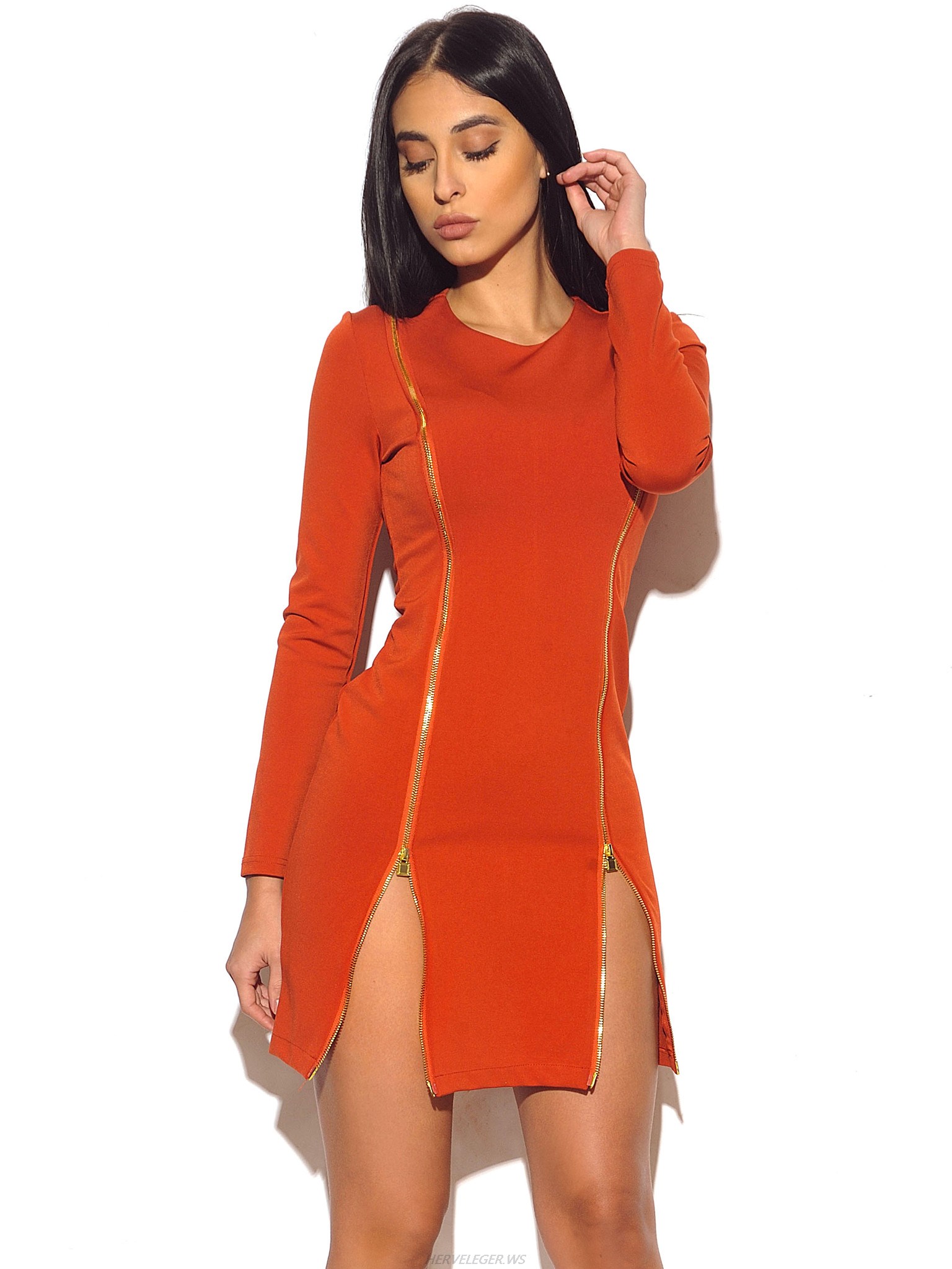 Herve Leger Red Zip Up Long Sleeve Stretch Dress