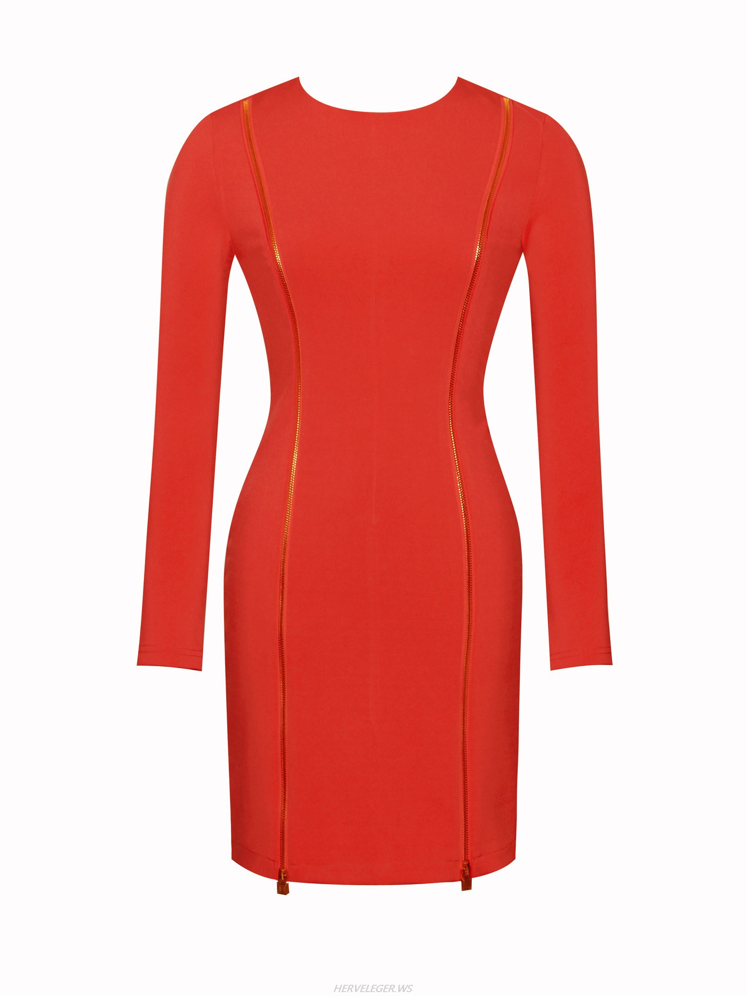 Herve Leger Red Zip Up Long Sleeve Stretch Dress