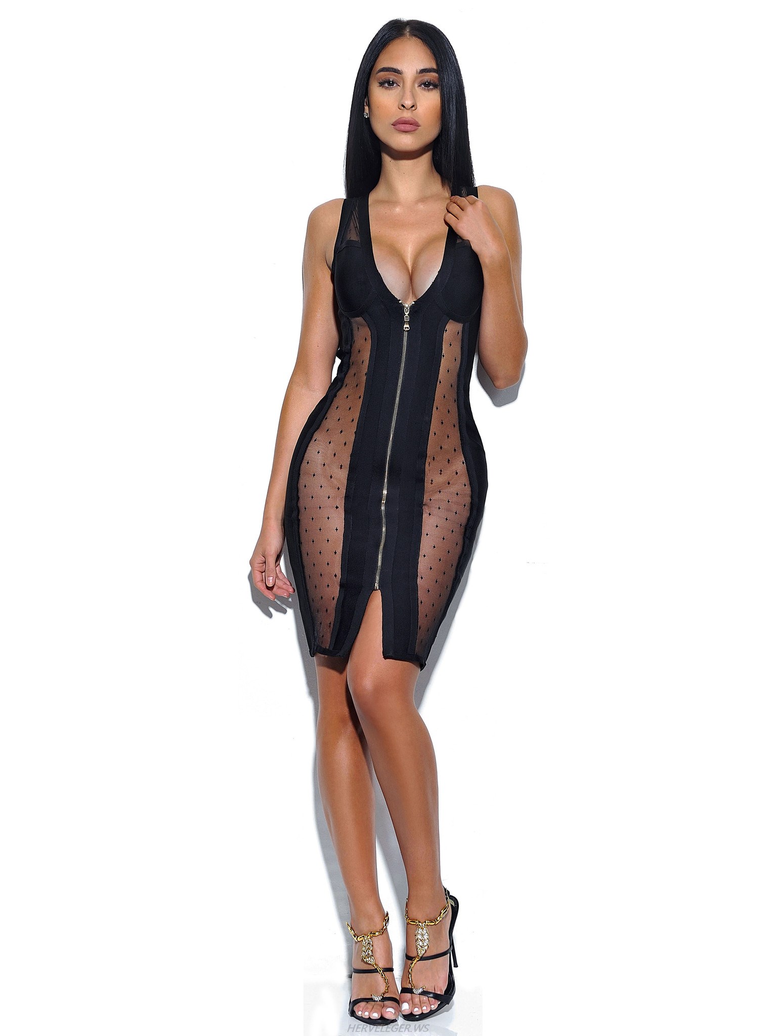 Herve Leger Black V Neck Cut Out Front Zip Dress