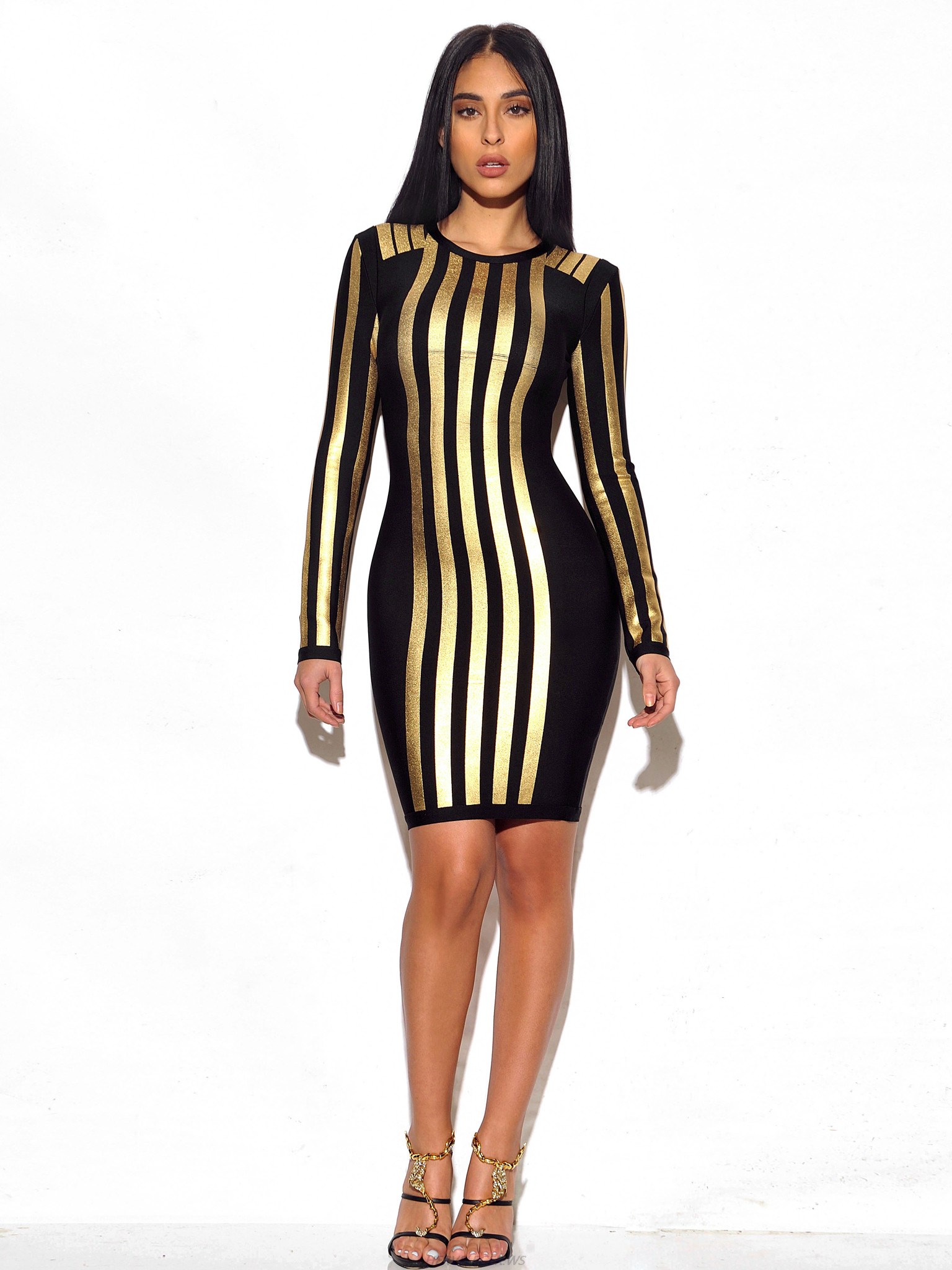 Herve Leger Black And Glod Stripe Long Sleeve Dress
