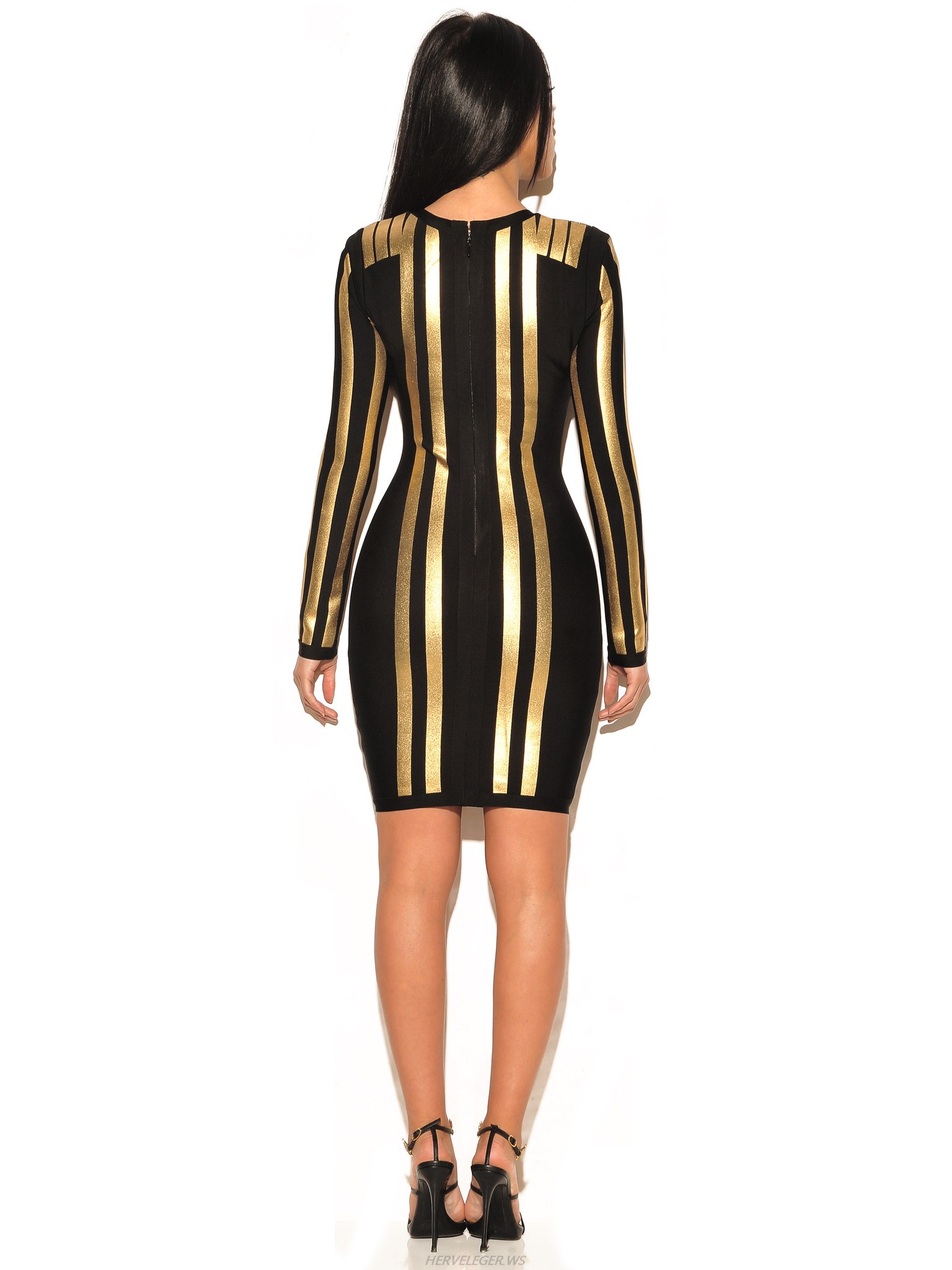 Herve Leger Black And Glod Stripe Long Sleeve Dress
