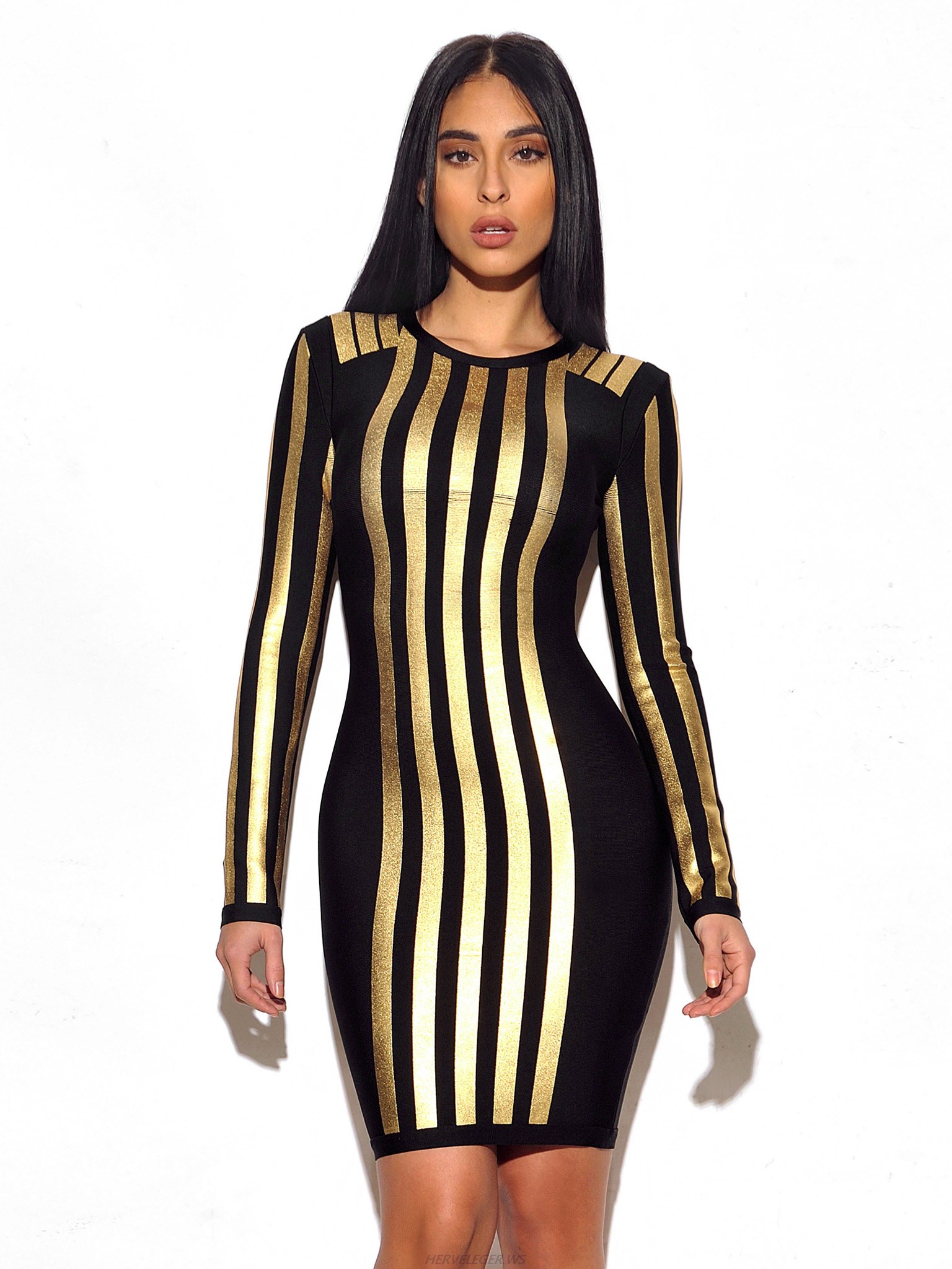 Herve Leger Black And Glod Stripe Long Sleeve Dress