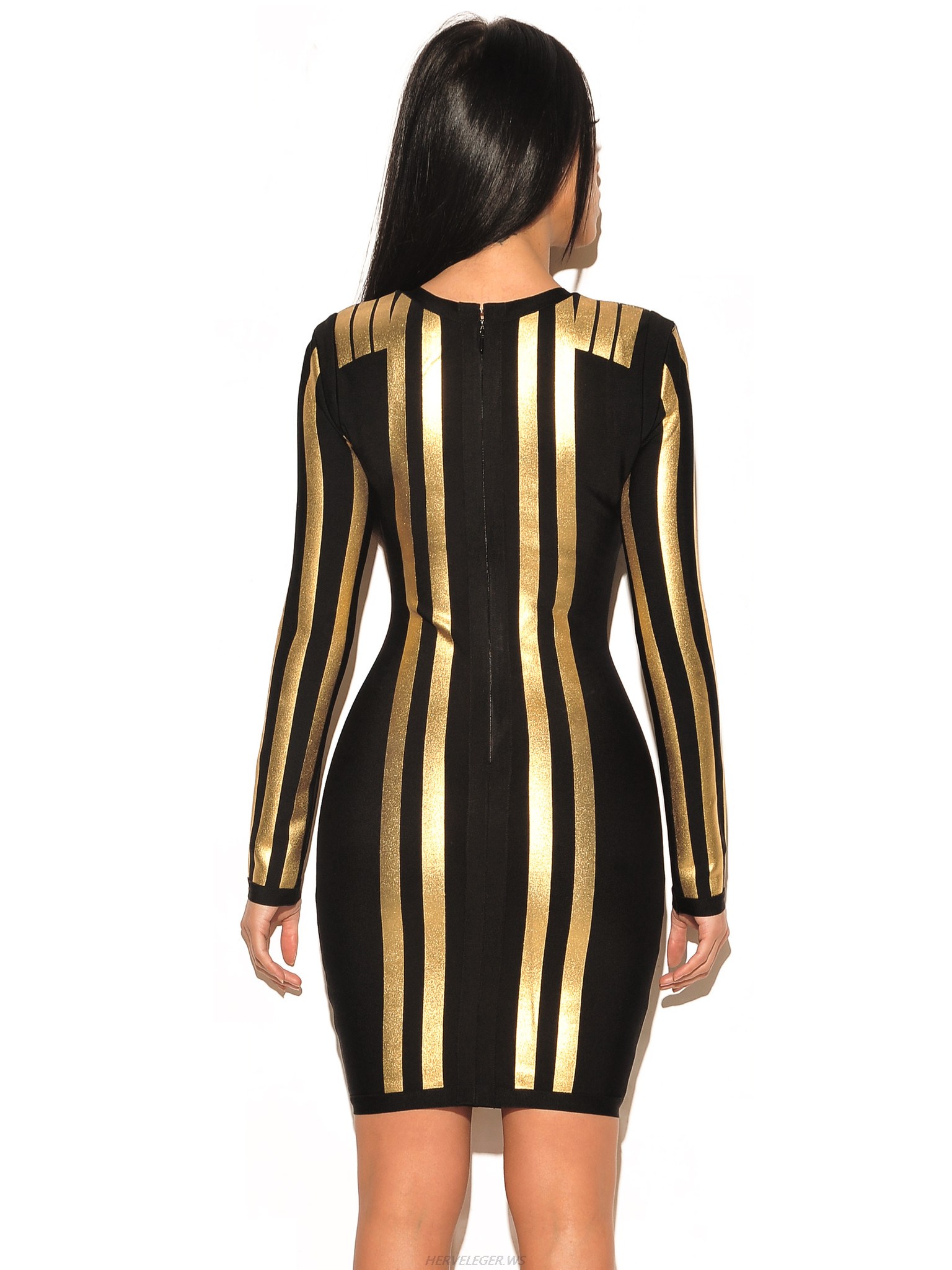 Herve Leger Black And Glod Stripe Long Sleeve Dress