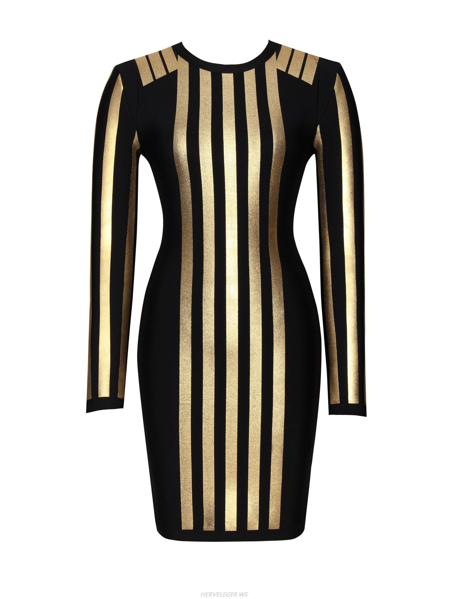 Herve Leger Black And Glod Stripe Long Sleeve Dress