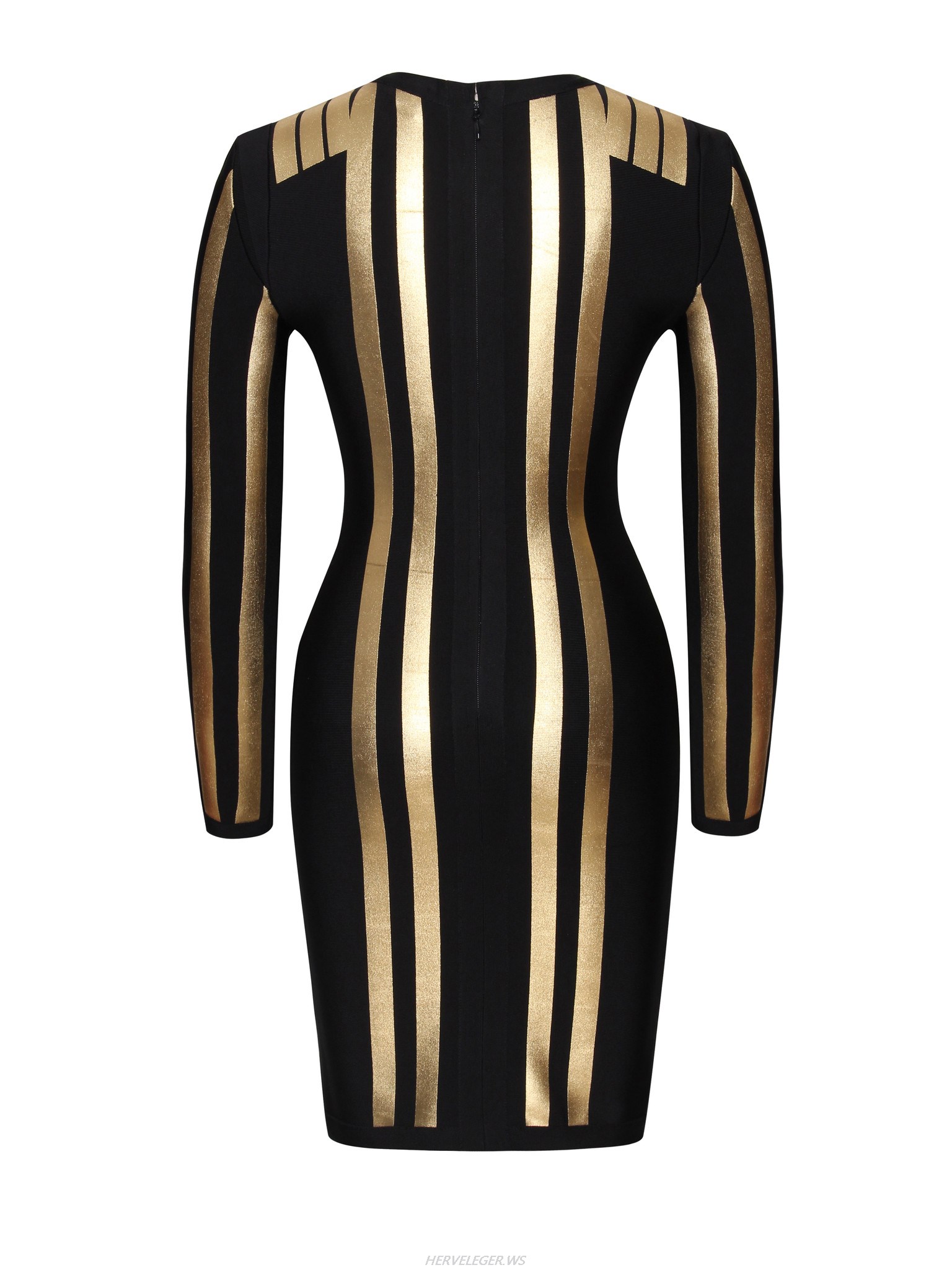 Herve Leger Black And Glod Stripe Long Sleeve Dress