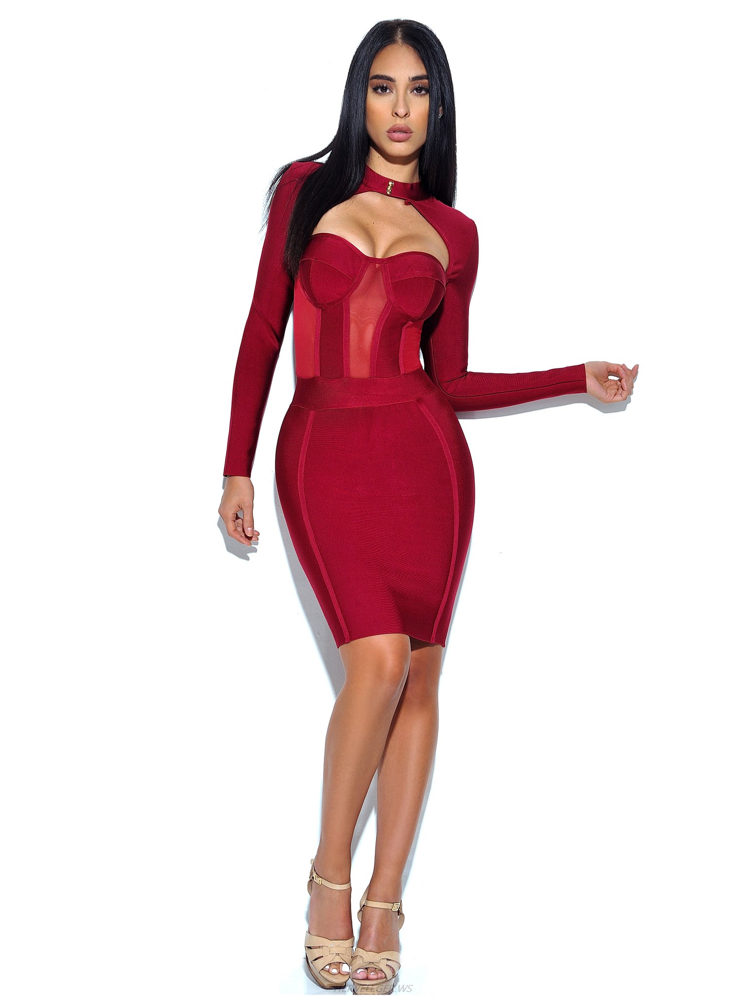 Herve Leger Red High Neck Bustier Long Sleeve Dress