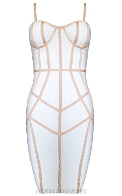 Herve Leger White Nude Trim Dress