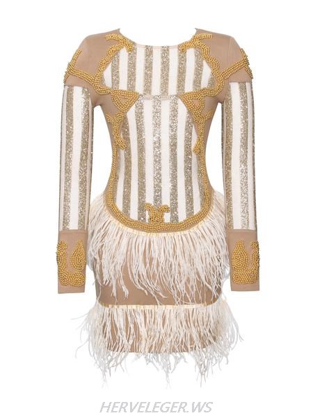 Herve Leger Beige Skirt Sheer Long Sleeve Dress Herve Leger Beige Skirt Sheer Long Sleeve Dress