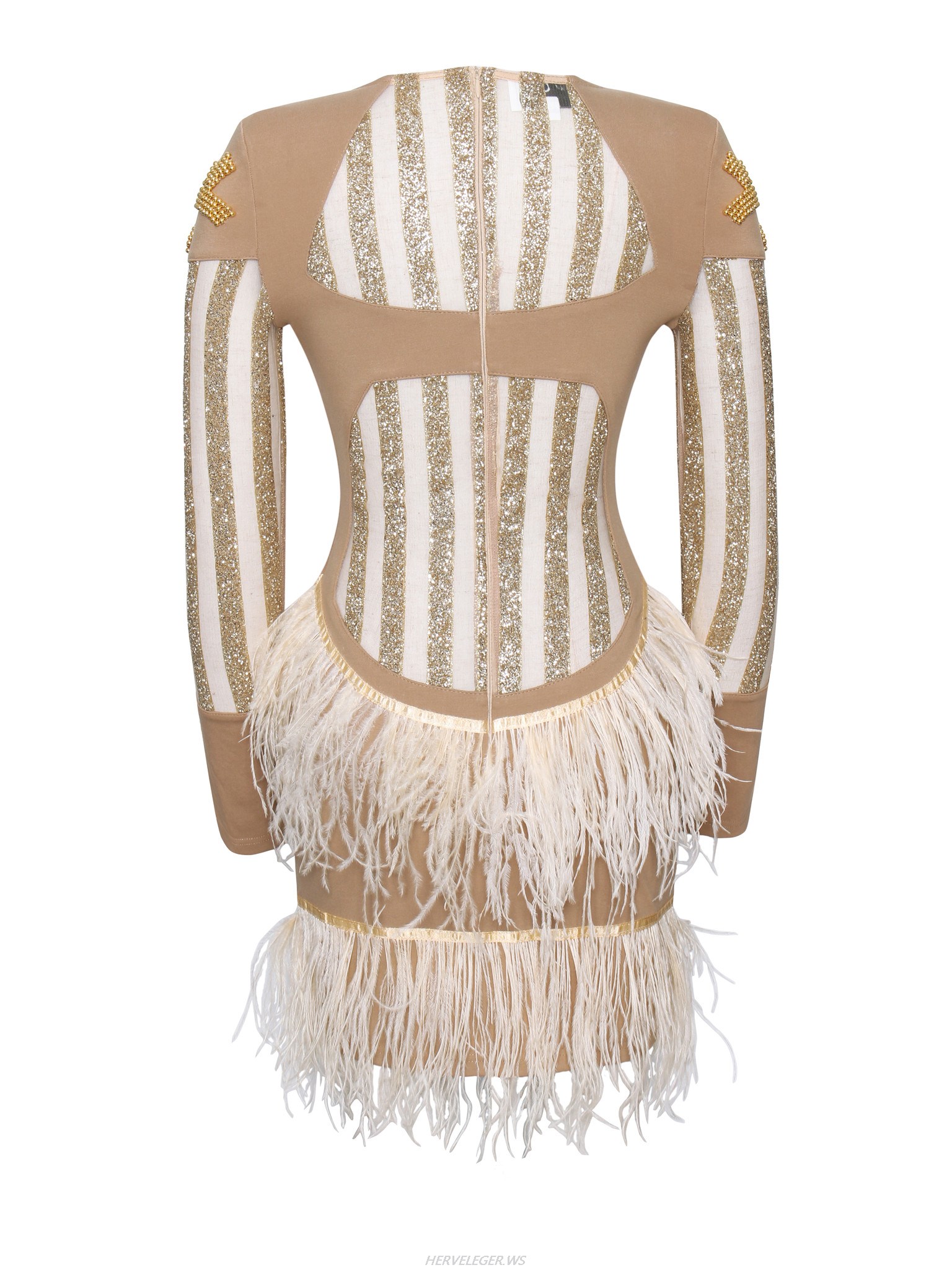Herve Leger Beige Skirt Sheer Long Sleeve Dress