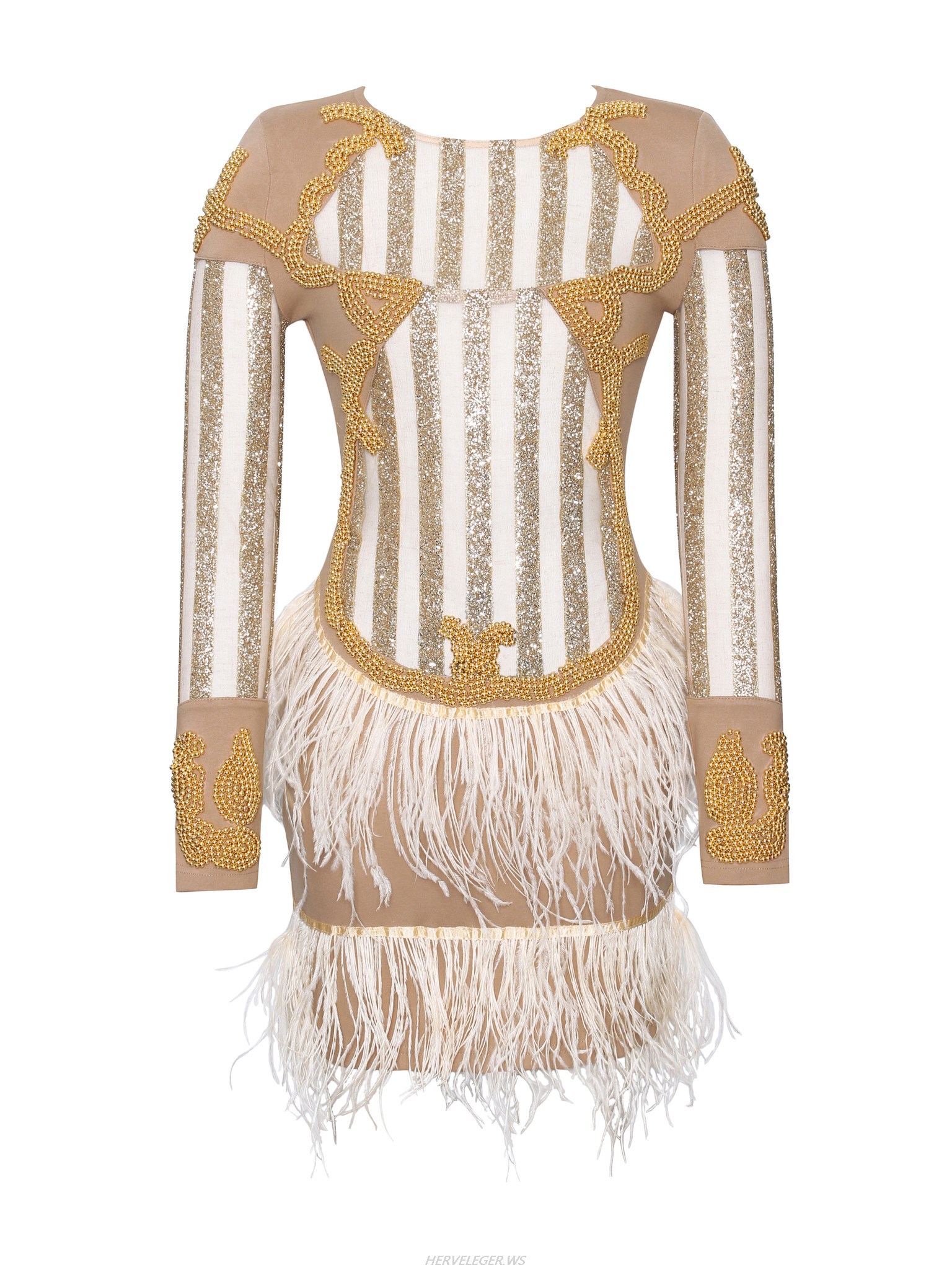 Herve Leger Beige Skirt Sheer Long Sleeve Dress