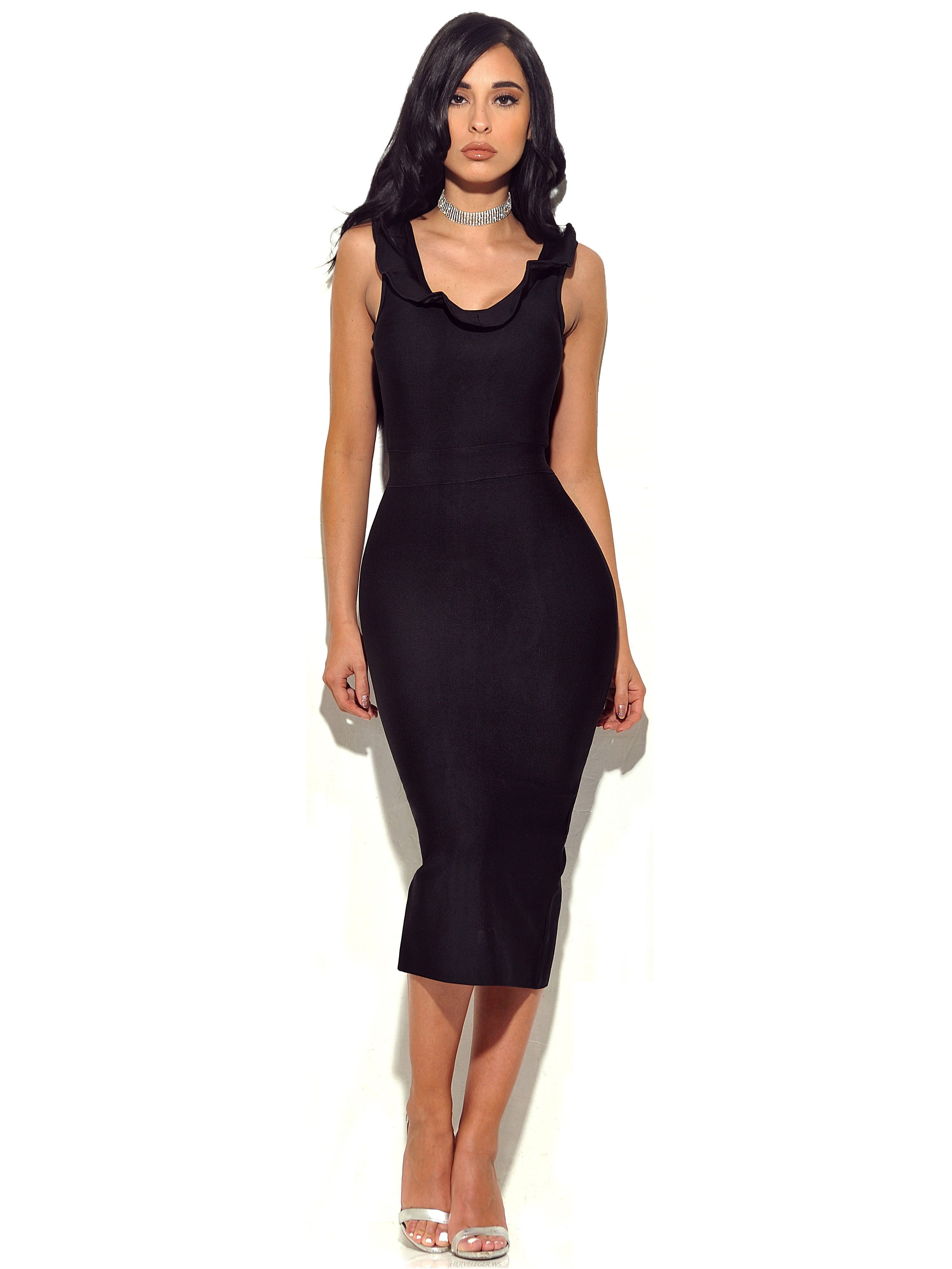 Herve Leger Black Ruffle Neckline Dress