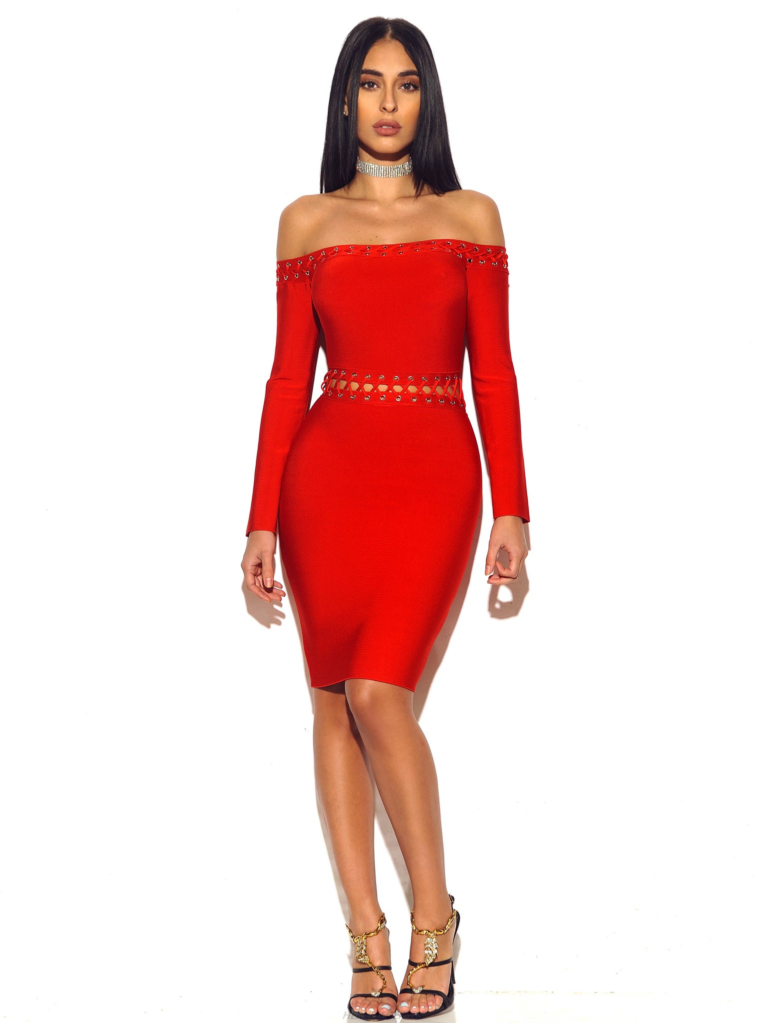 Herve Leger Red Lace Up Strapless Long Sleeve Dress