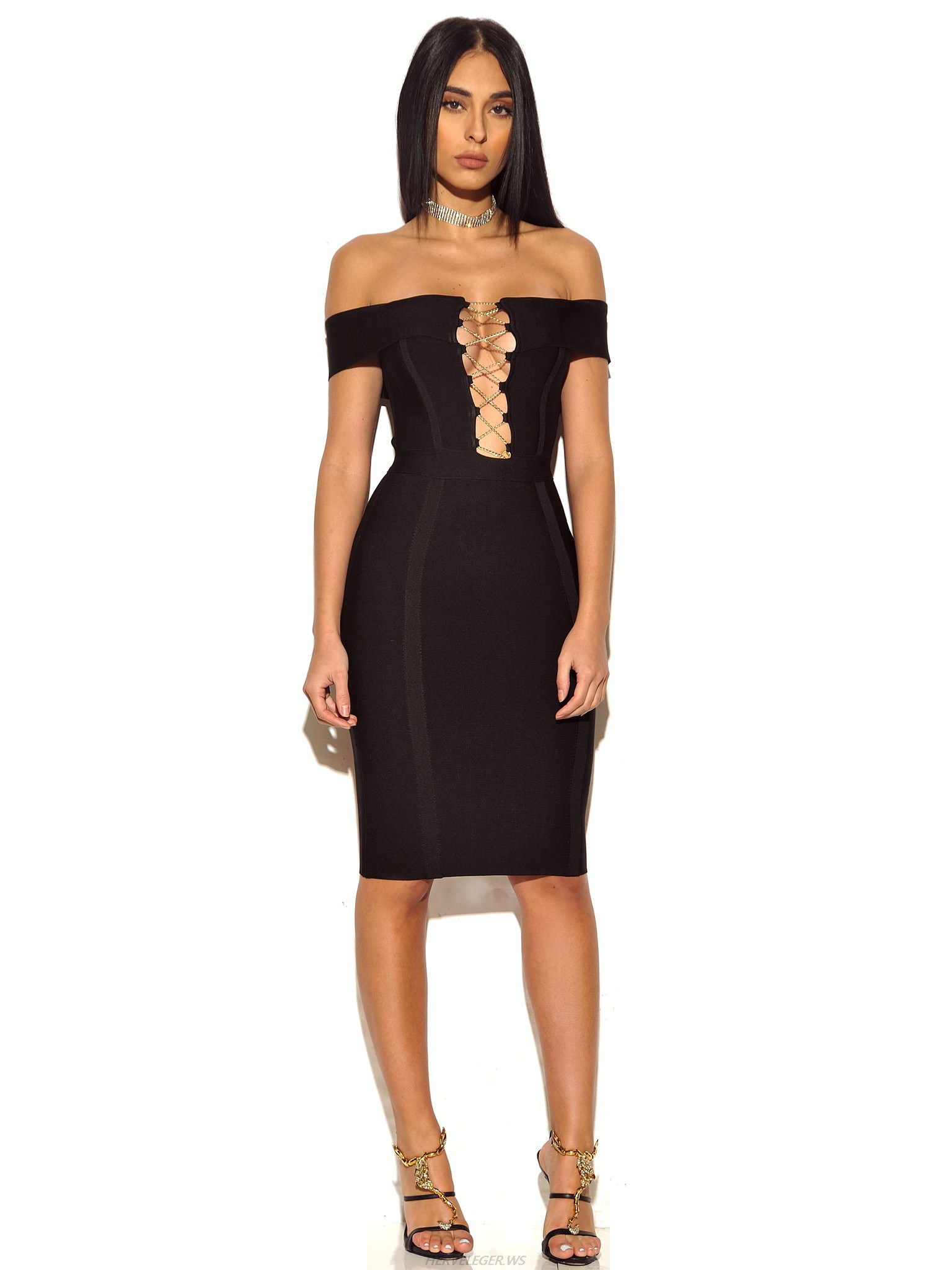 Herve Leger Black Strapless Off Shoulder Dress