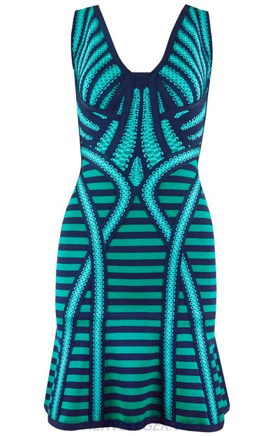 Herve Leger Turquoise A Line Striped Dress