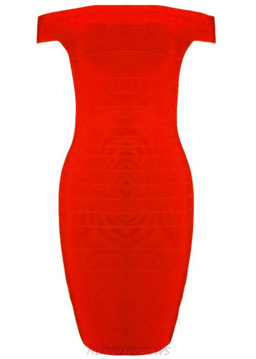 Herve Leger Red Bardot Side Cut Out Dress