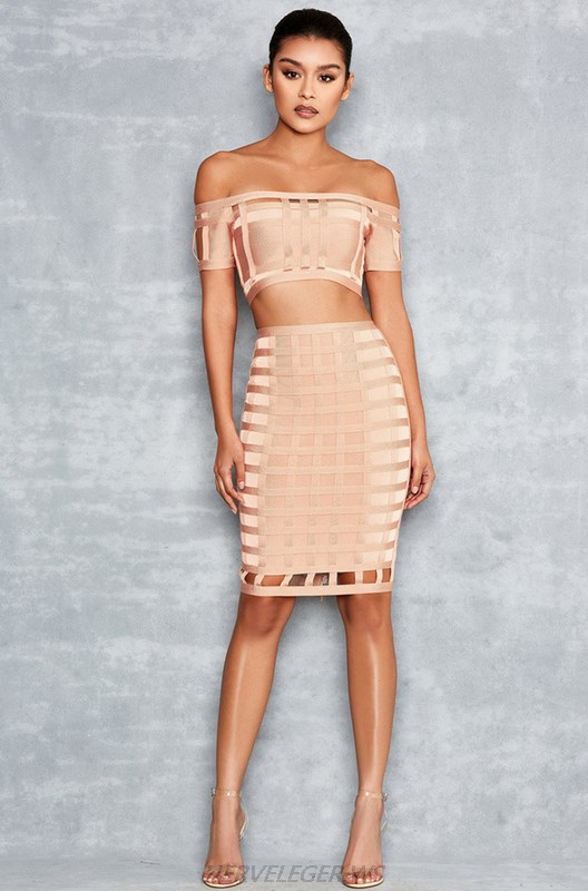 Herve Leger Nude Caged Bardot Two Piece Strapless Dress