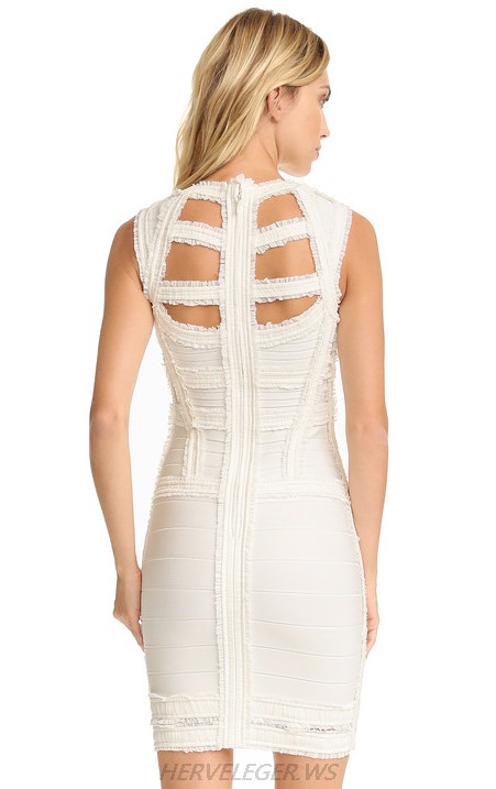 Herve Leger White Chiffon Detail Cut Out Dress