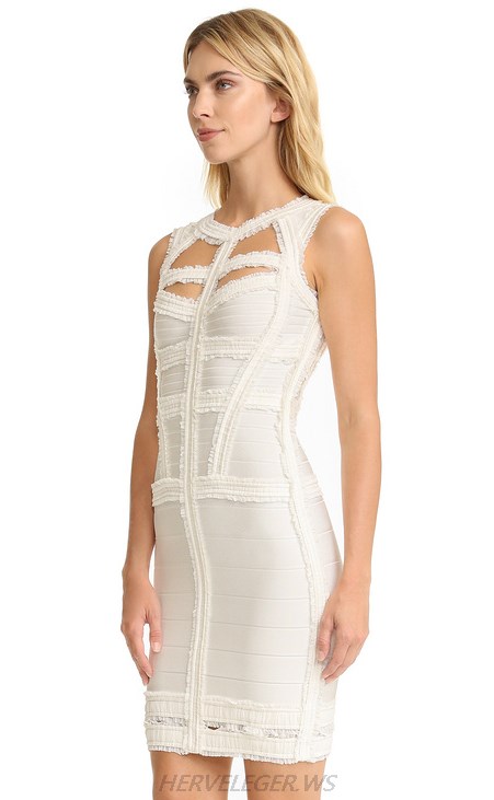 Herve Leger White Chiffon Detail Cut Out Dress