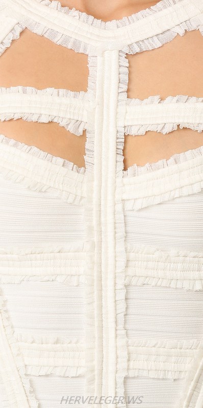 Herve Leger White Chiffon Detail Cut Out Dress