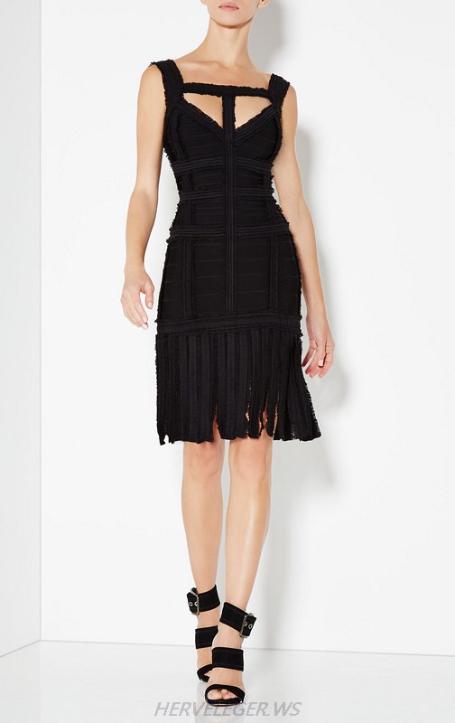 Herve Leger Black Chiffon Detail Fringe Dress