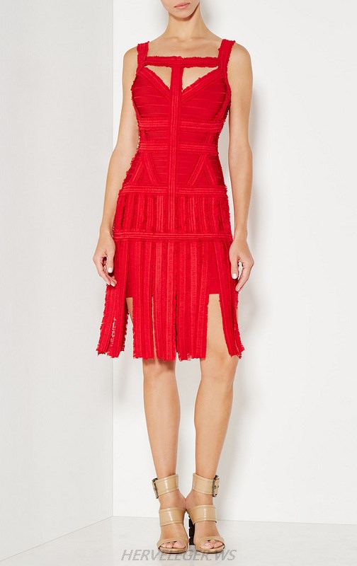 Herve Leger Red Chiffon Detail Fringe Dress