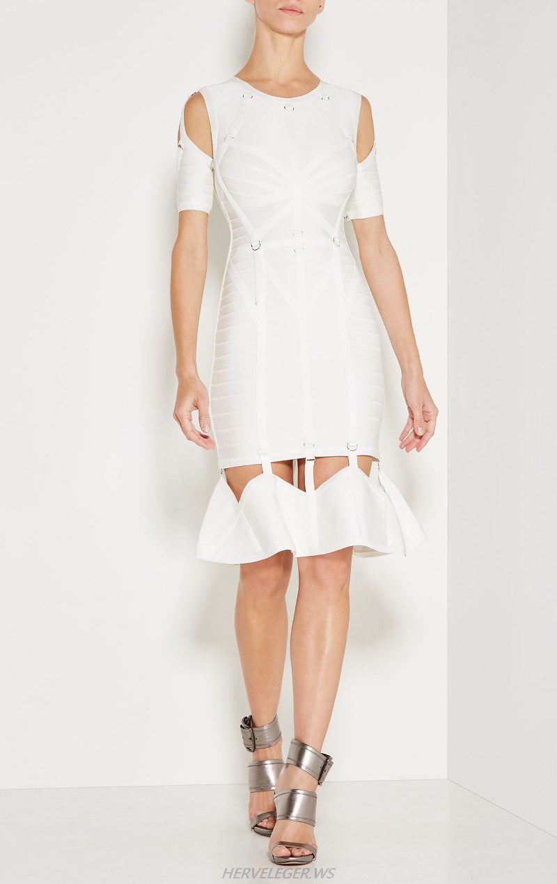 Herve Leger White Cold Shoulder Mermaid A Line Dress