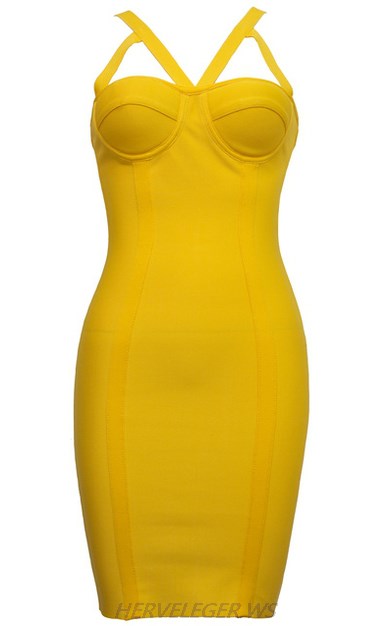 Herve Leger Yellow Cut Out Strap Dress