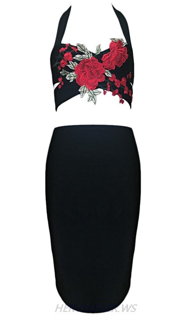 Herve Leger Black Floral Crochet Two Piece Dress