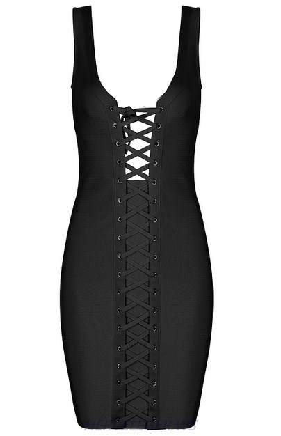 Herve Leger Black Front Lace Up Dress