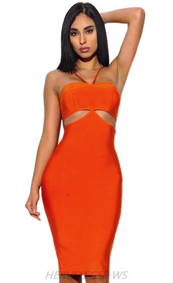 Herve Leger Orange Halter Cut Out Dress