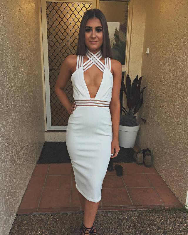 Herve Leger White V Neck Halter Strappy Mesh Dress