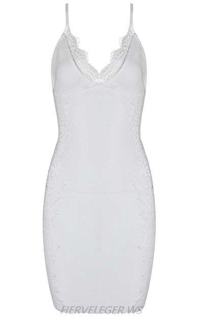 Herve Leger White Lace V Neck Dress