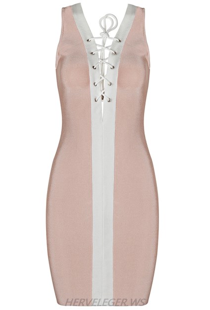 Herve Leger Nude And White V Neck Lace Up Dress