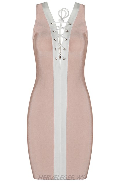 Herve Leger Nude And White V Neck Lace Up Dress