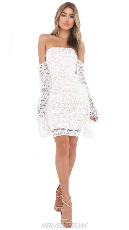 Herve Leger White Long Sleeve Bardot Crochet Strapless Dress
