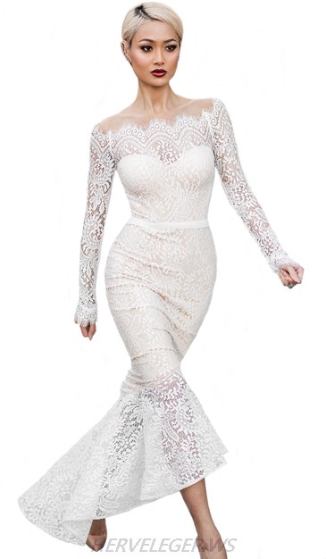 Herve Leger White Long Sleeve Bardot Lace Mermaid Stars Dress
