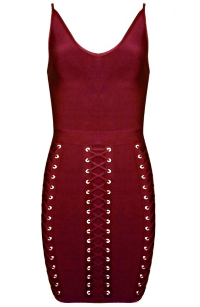 Herve Leger Burgundy Multi Lace Up Detail Dress