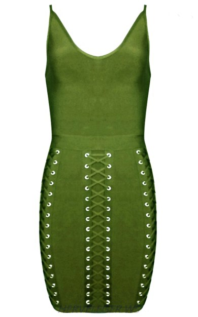 Herve Leger Green Multi Lace Up Detail Dress