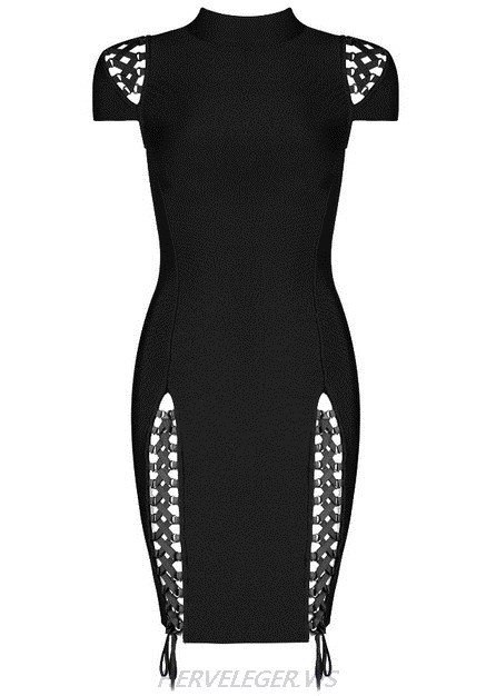 Herve Leger Black Short Sleeve Multi Lace Up Dress