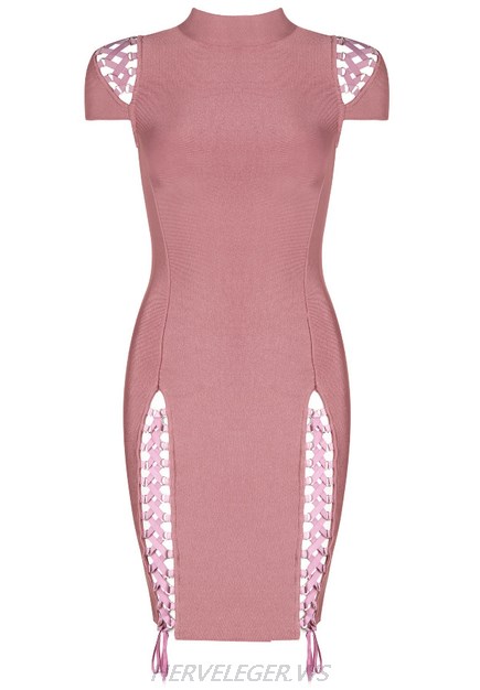 Herve Leger Pink Short Sleeve Multi Lace Up Dress