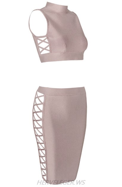 Herve Leger Nude Side Lace Up Two Piece Dress