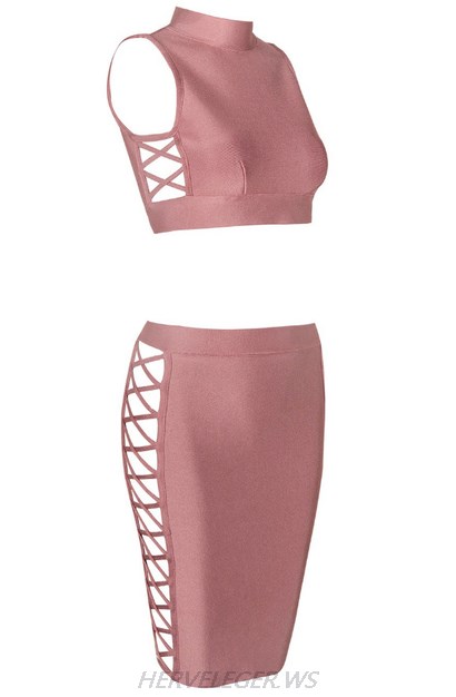 Herve Leger Pink Side Lace Up Two Piece Dress