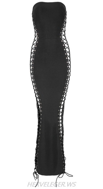 Herve Leger Black Bandeau Lace Up Gown