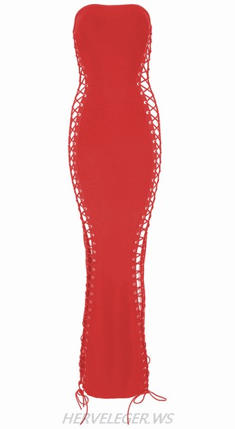 Herve Leger Red Bandeau Lace Up Gown