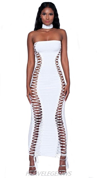 Herve Leger White Bandeau Lace Up Gown