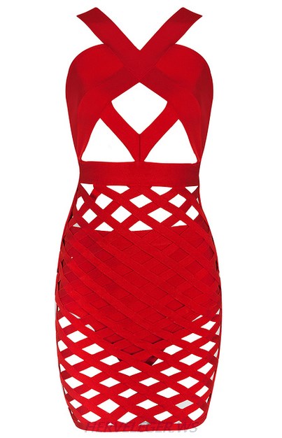 Herve Leger Red Caged Dress